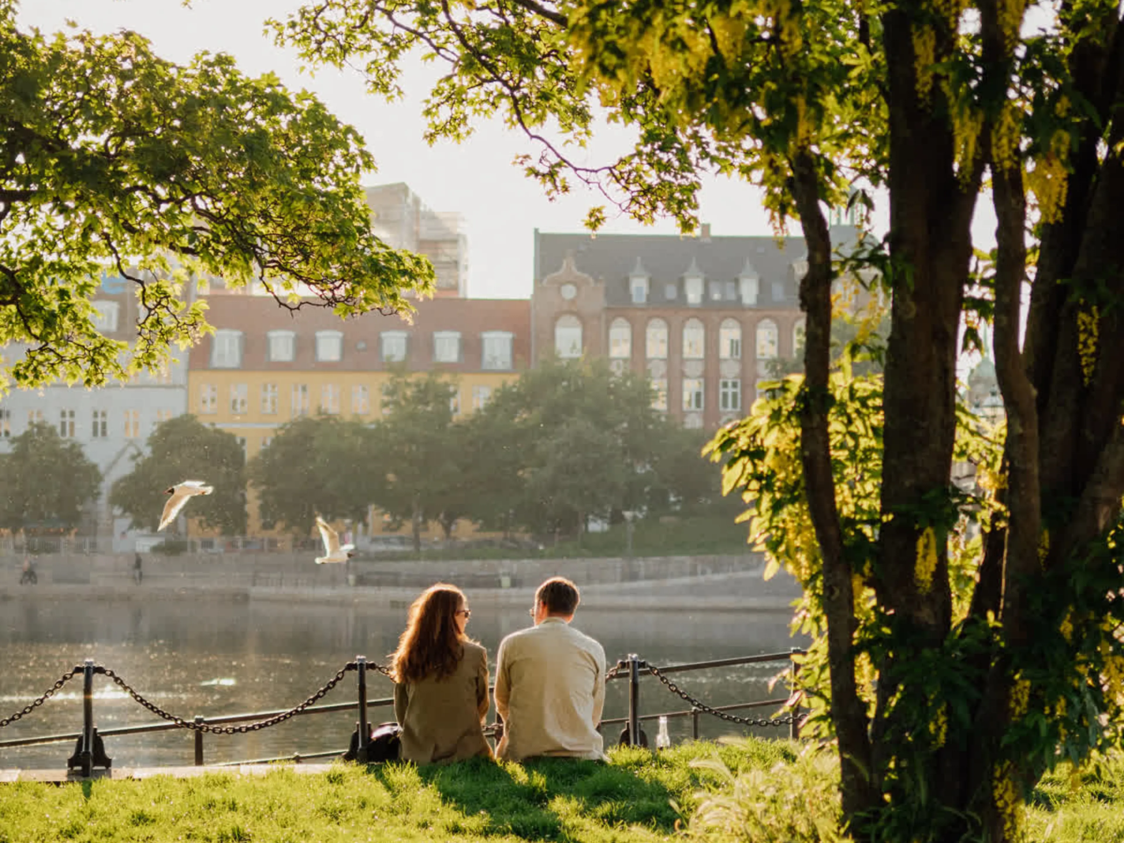 Two people sitting in the sun at the lakes in Copenhagen