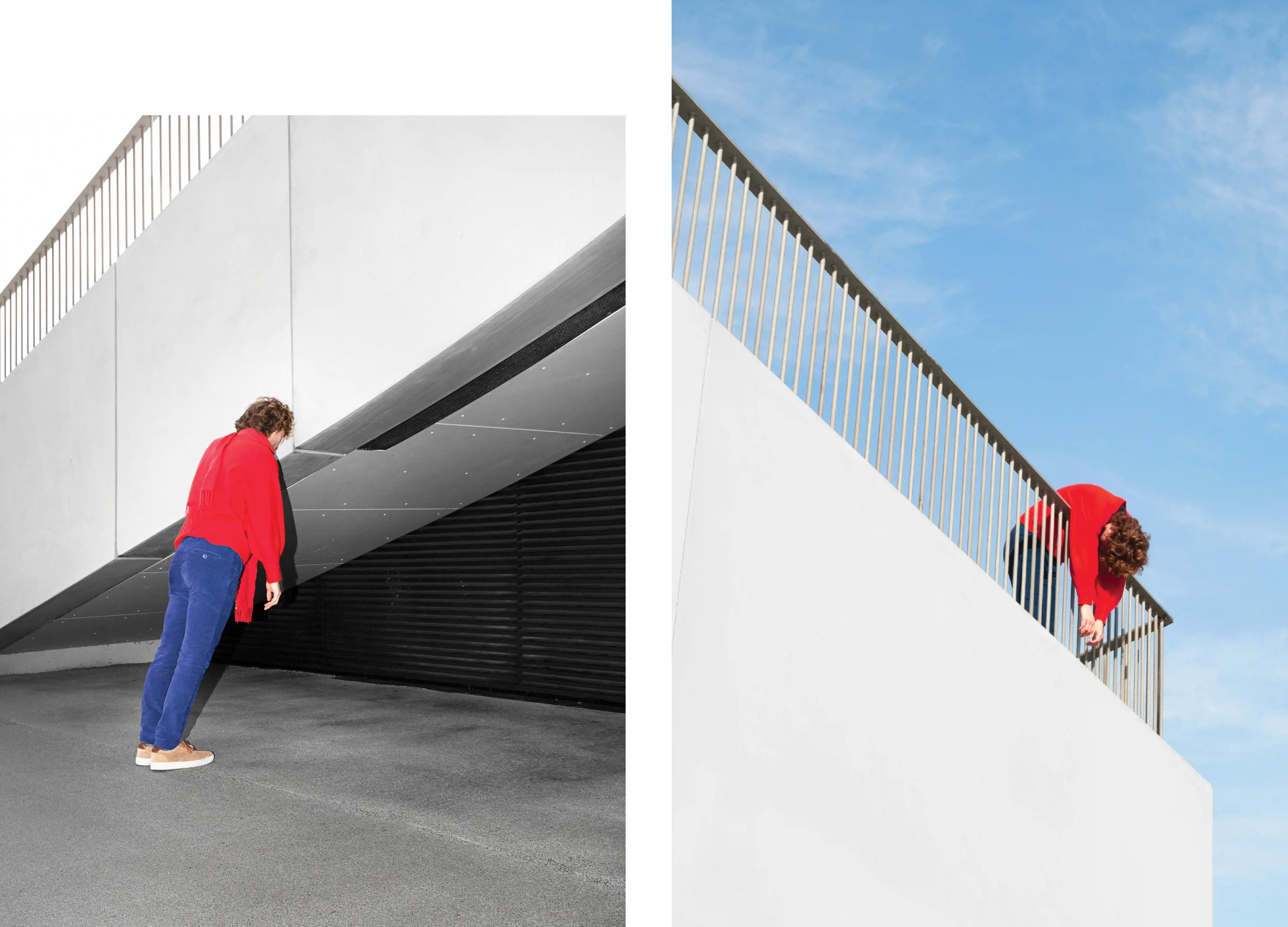 2 pictures of a person dressed in blue and red, leaning head first against a white stair case in the first picture, and dangling their head and arms over the bannister in the second picture.