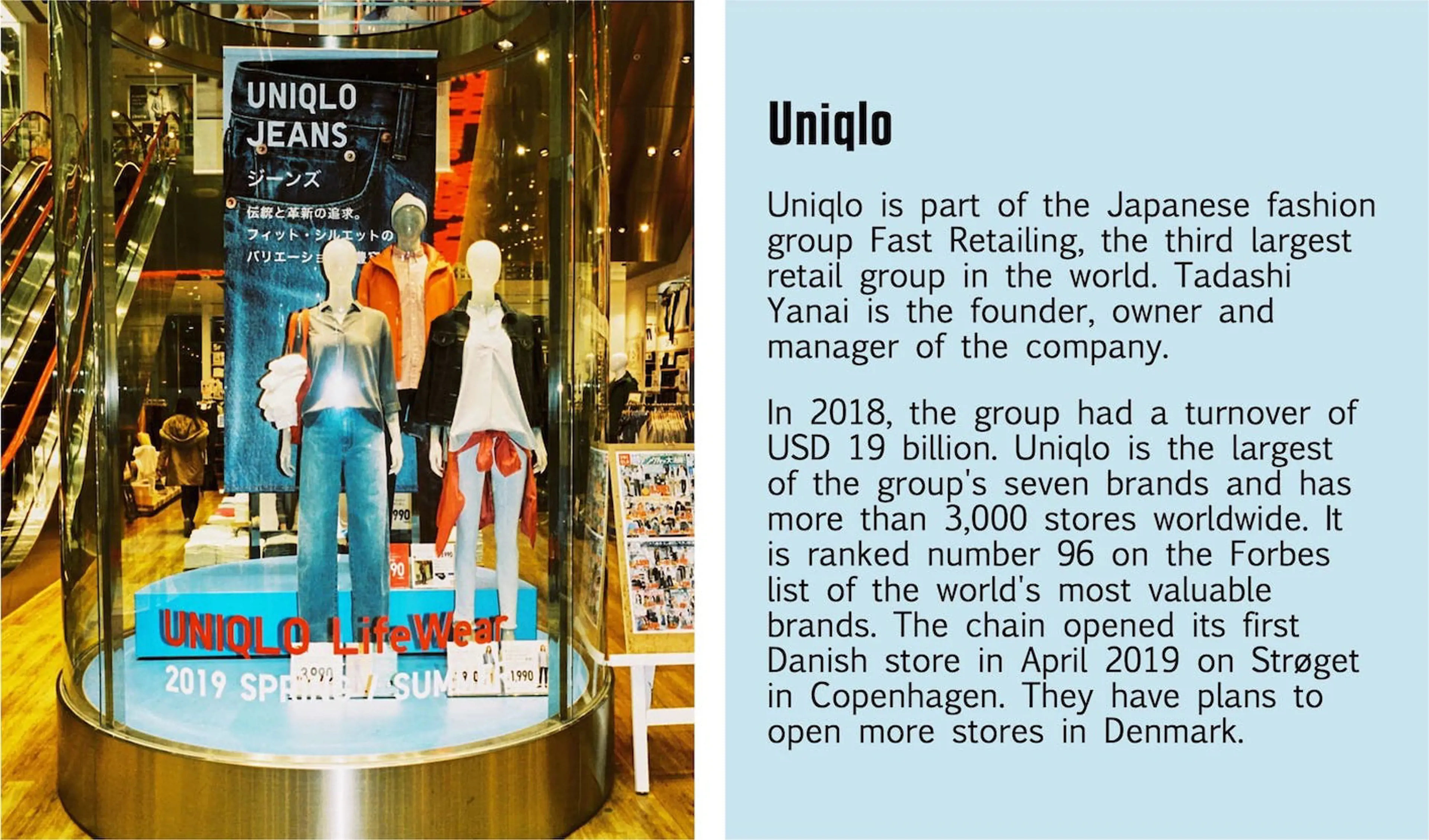 A Uniqlo store window and short presentation of the company in English