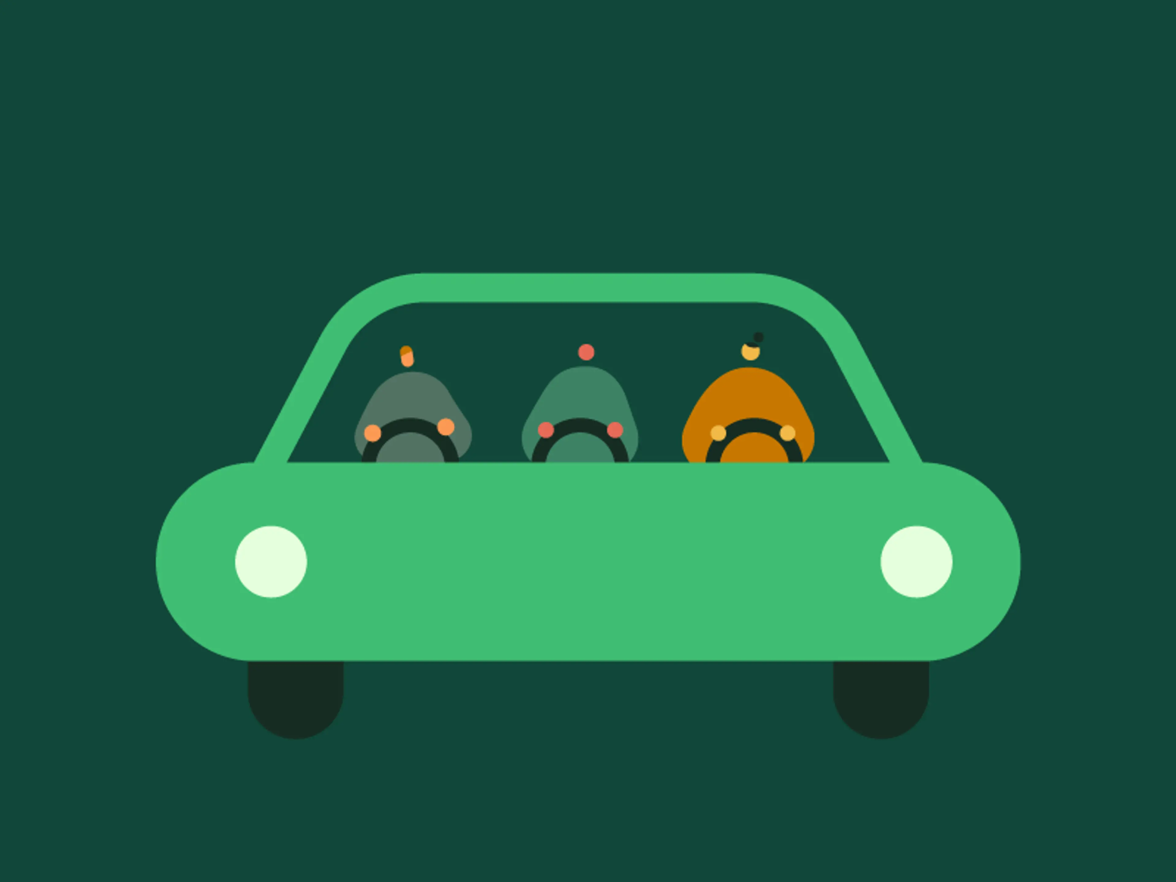 Grafikken viser 3 personer, der hjælper hinanden med at styre en bil