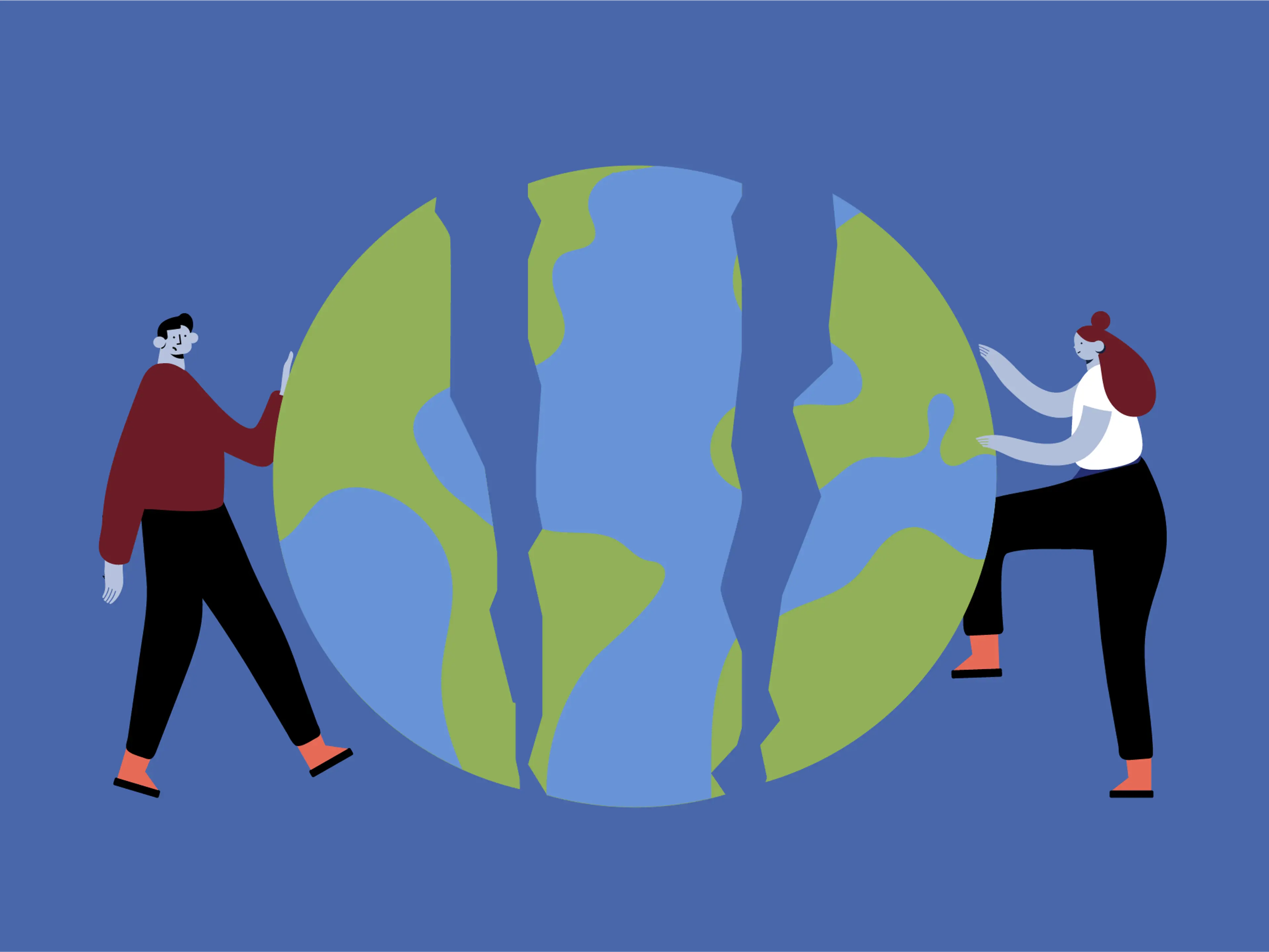 Drawing of a man and a woman holding a world globe approximately their size, with the globe being torn in 3 vertical parts