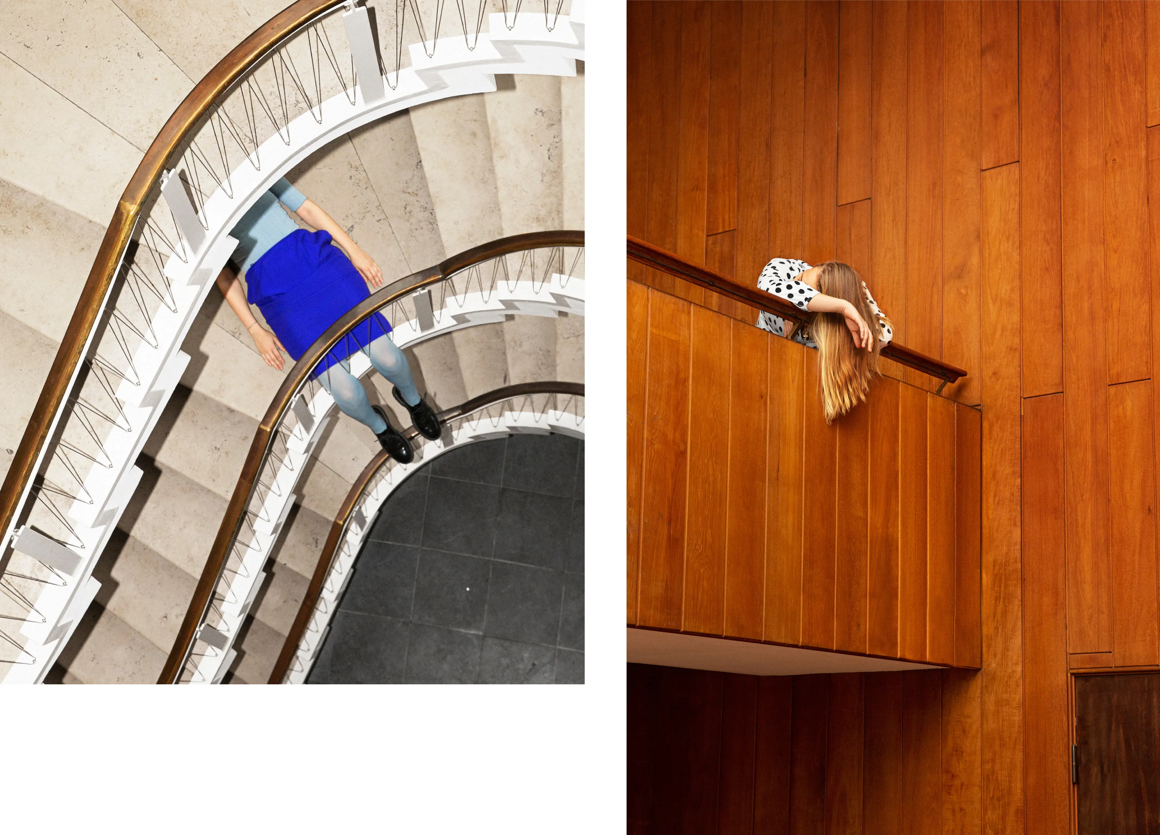 2 pictures of women in staircase: one is resting her head on a bannister while the other, who's upper body part is not visible, is lying on stairs with legs dangling through the bannister.