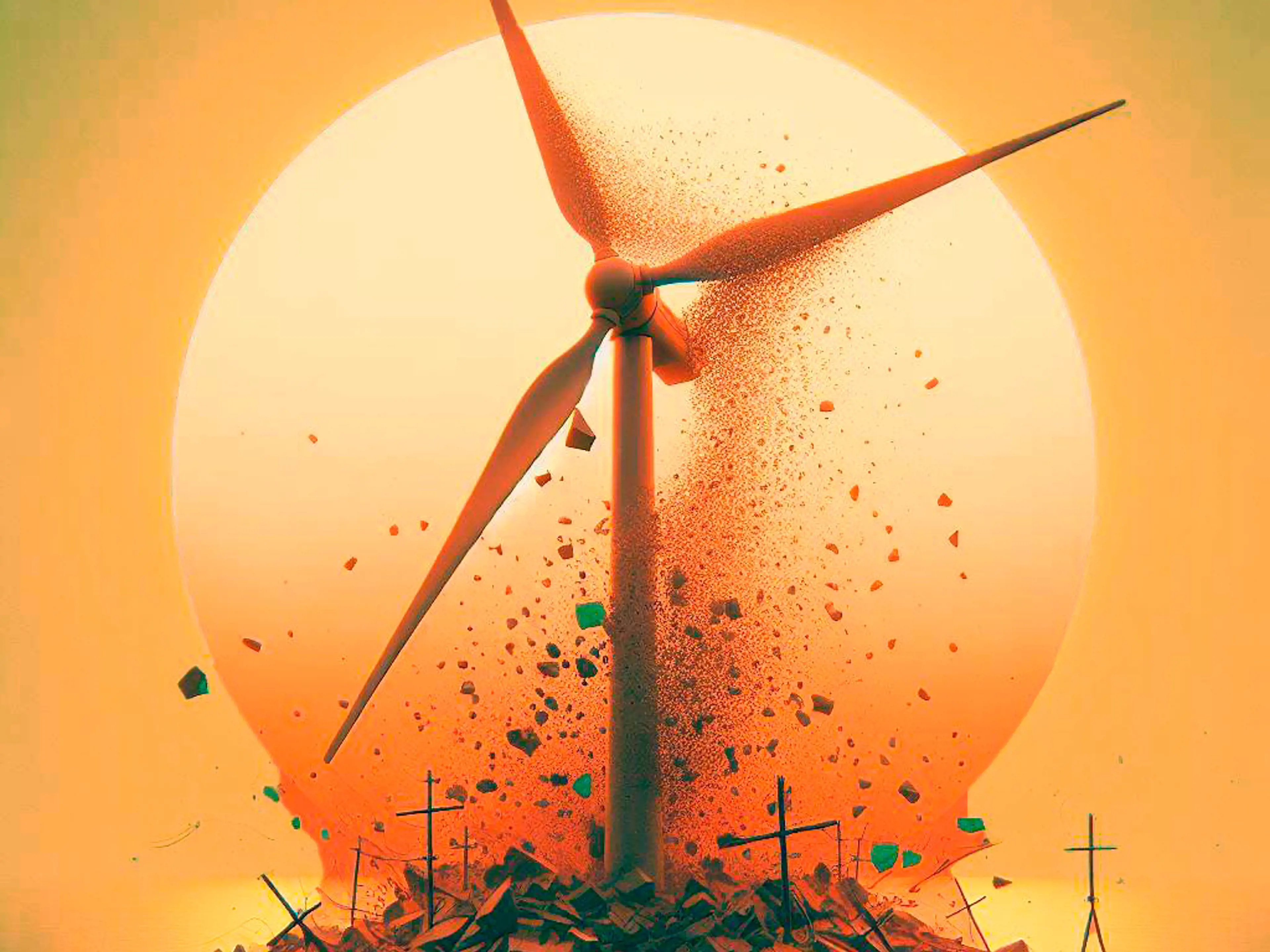 Grønt og orange tonet billede af en vindmølle, der falder fra hinanden