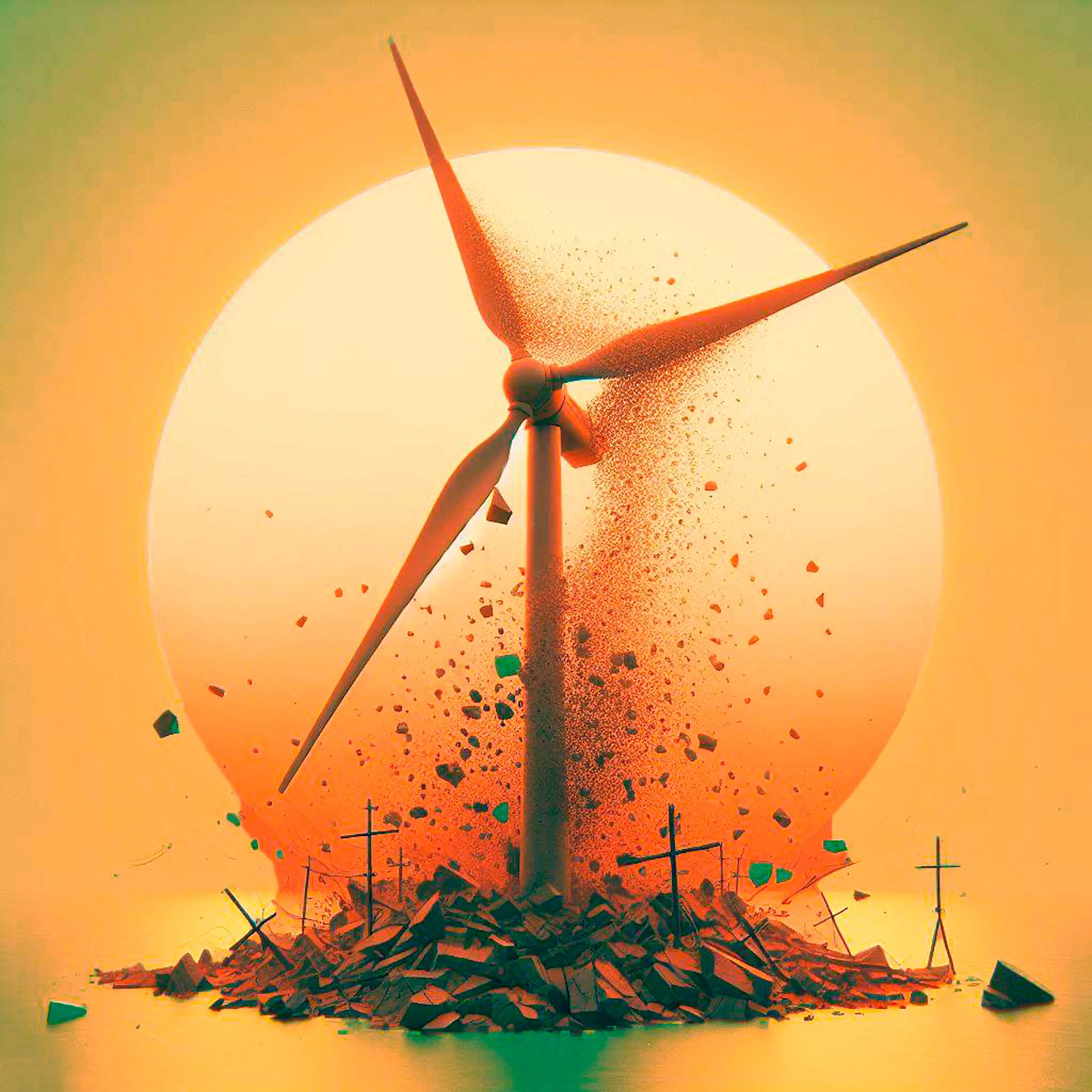 Green and orange toned image of a wind turbine falling apart