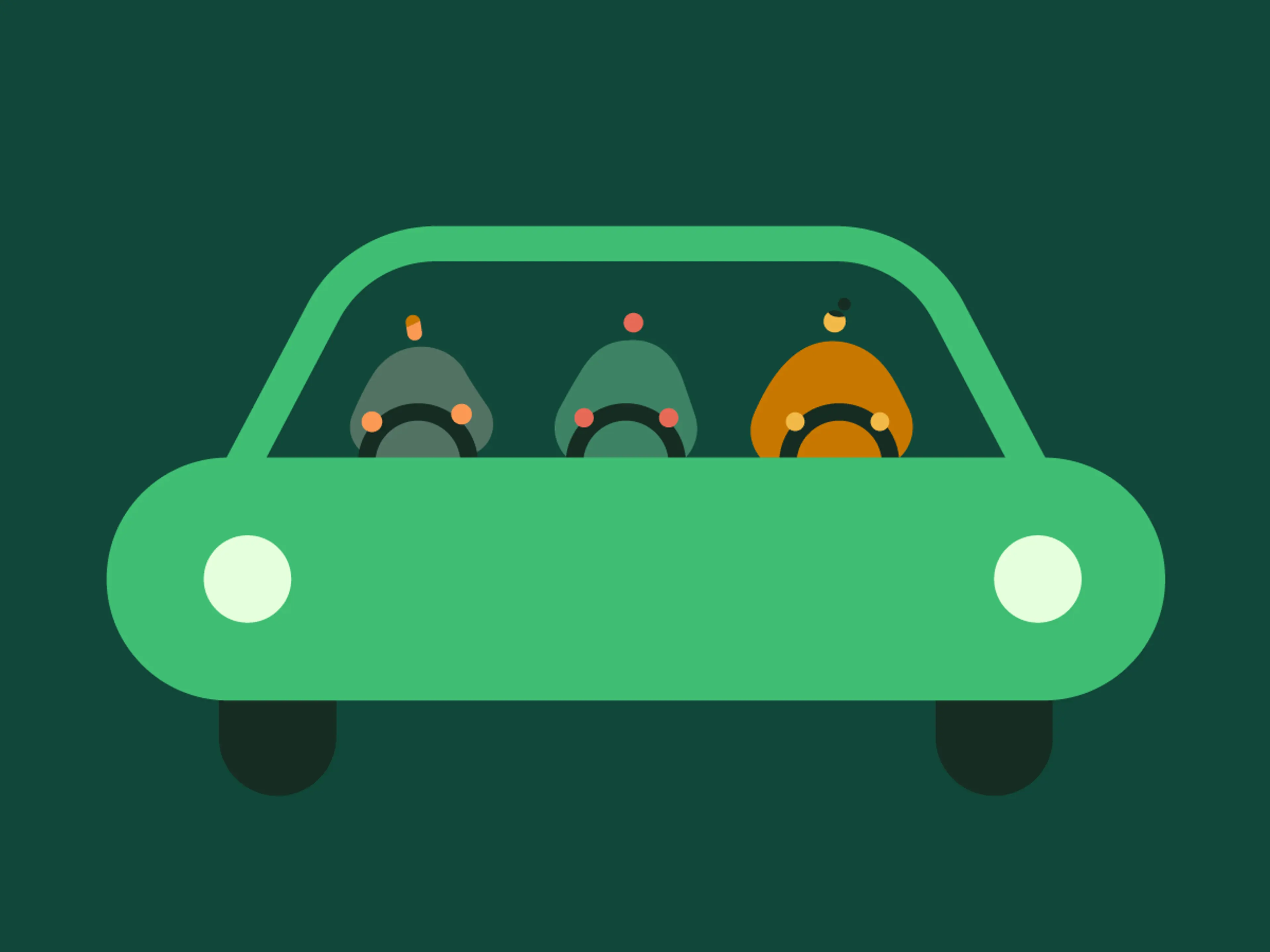 Grafikken viser 3 personer, der hjælper hinanden med at styre en bil