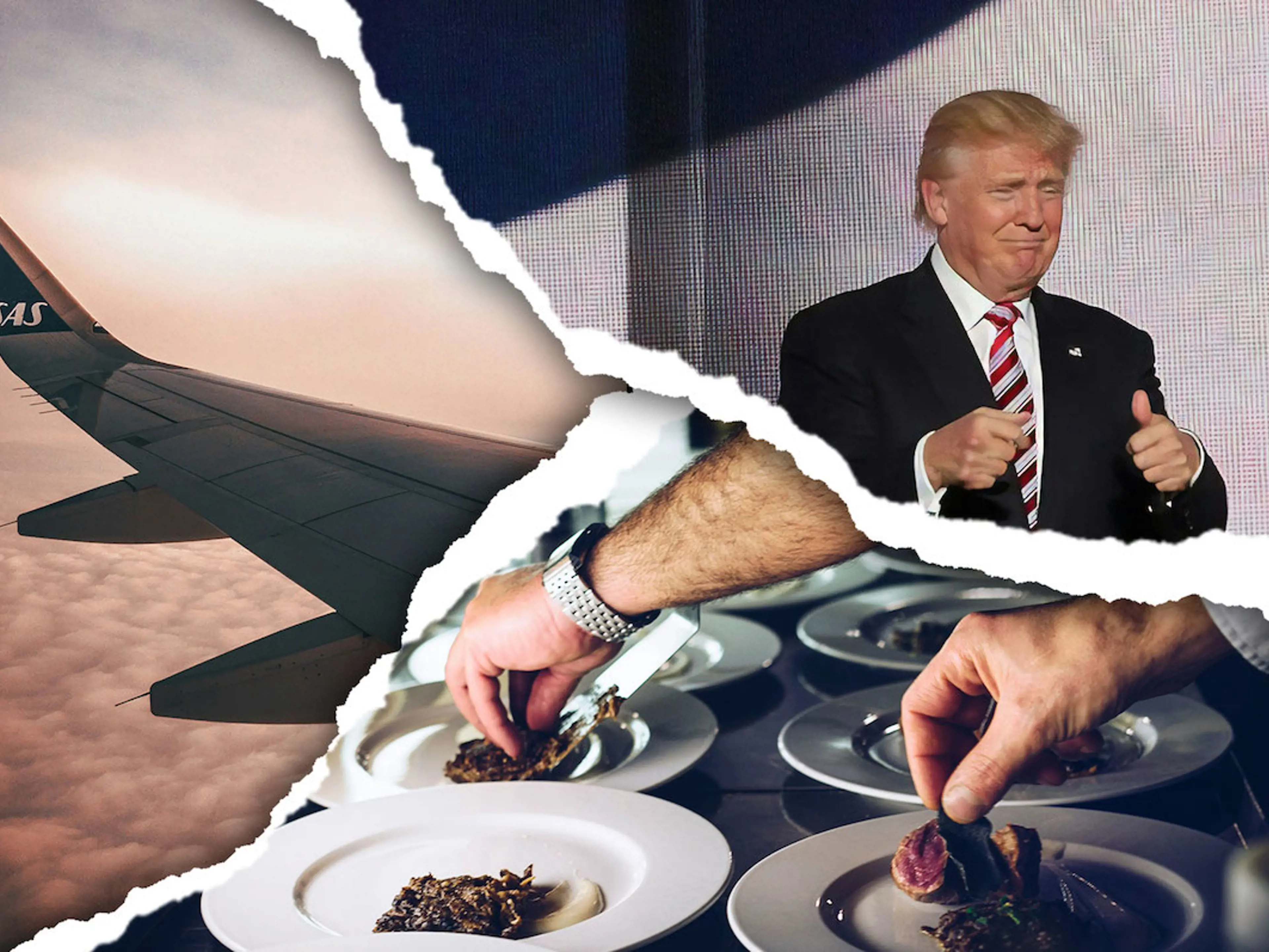 Photomontage of 3 pictures: Donald Trump with his thumbs up, a view from an SAS plane in flight, and several plates with 2 hands that are seen placing and presenting food on them 