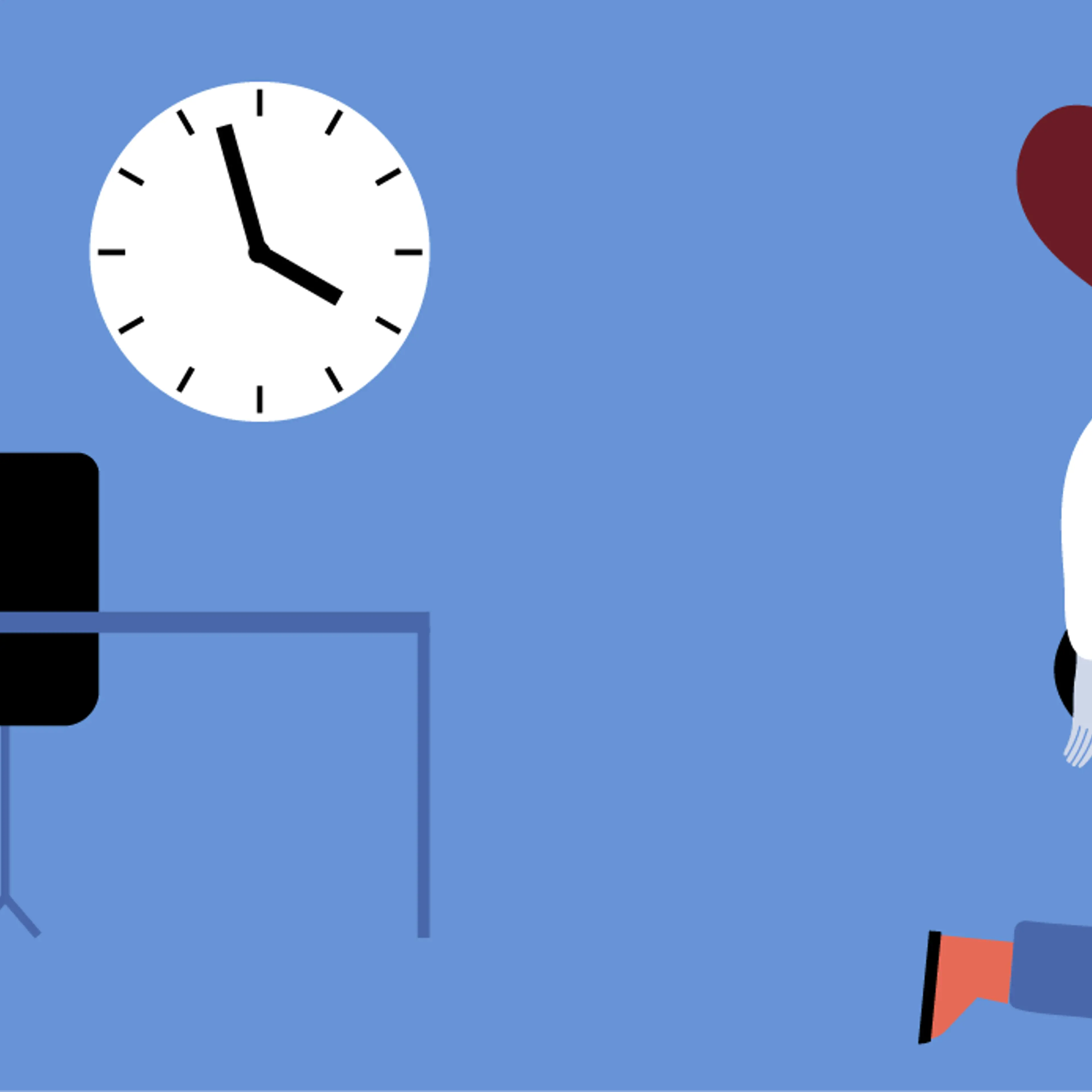 Illustration af en medarbejder der forlader sit kontor, hvor et ur hænger, som viser klokken er lidt i 16:00